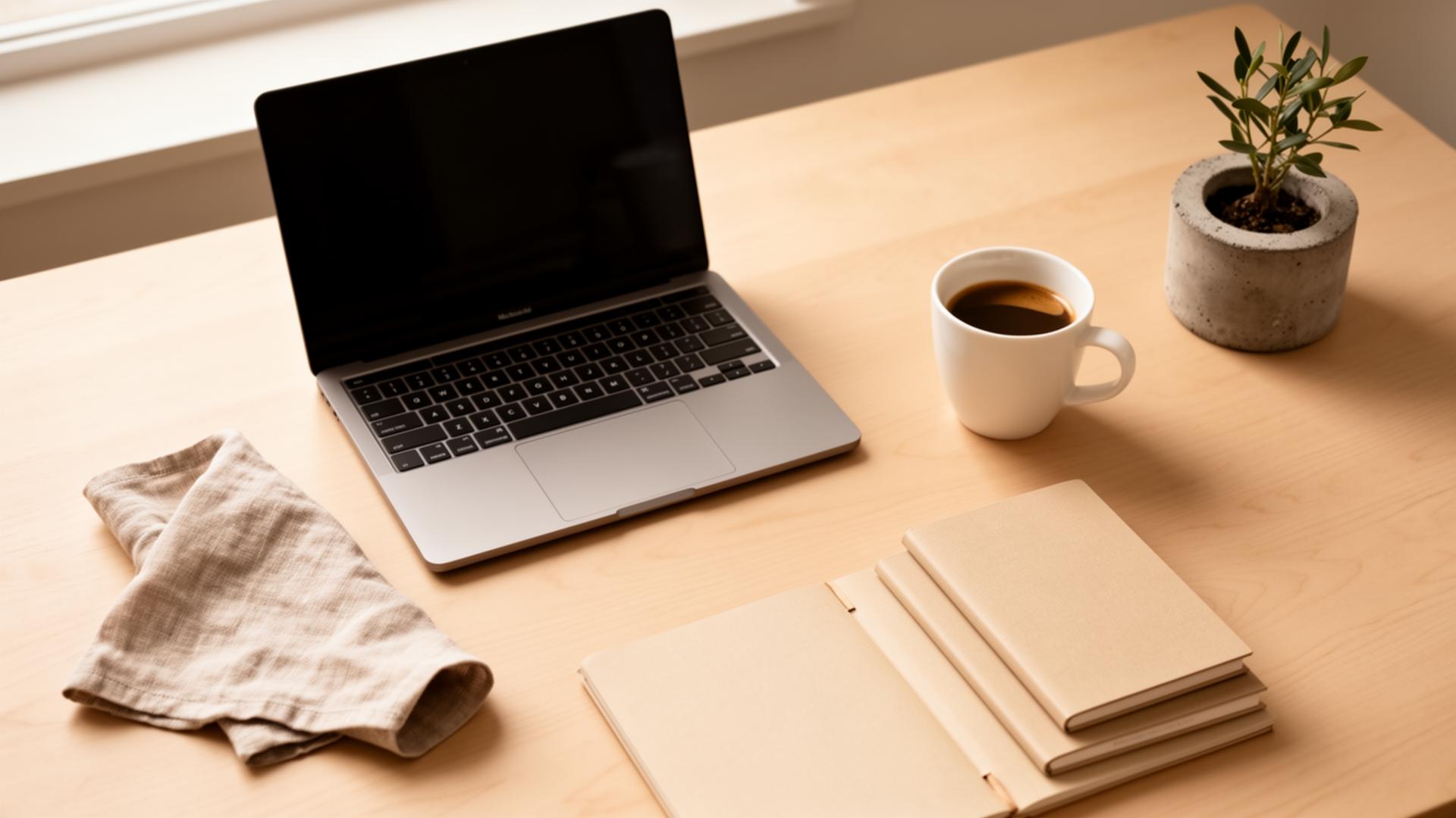 Calm, minimal workspace with laptop and notebook