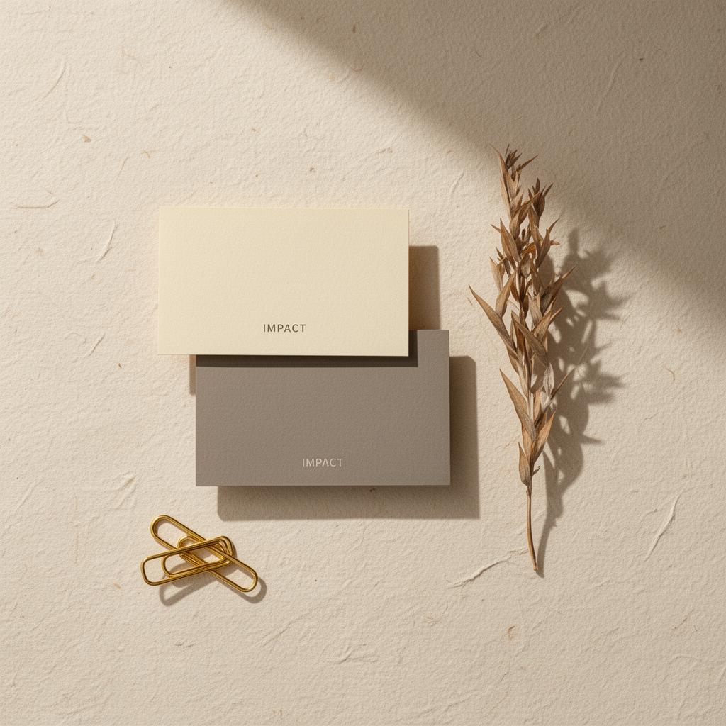 IMPACT brand stationery on warm paper